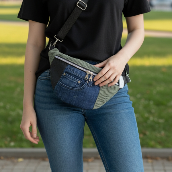 sac banane en jean upcyclé, velours et simili cuir Taille M (nouvelle collection) (Copie)