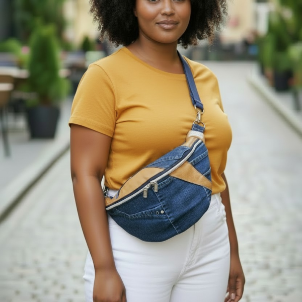 sac banane en jean upcyclé et cuir moutarde Taille M (nouvelle collection)
